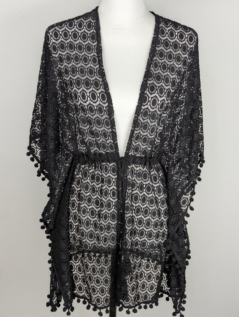Allthreads Cover up Sz 4-12 Black bobble fringeBust to 40"Lace+ tassels Nylon/sp